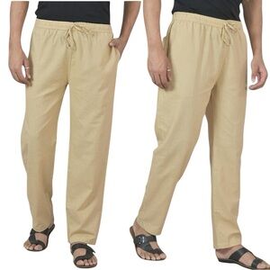 New Men’s Sir7 Beige Linen Cotton Pull On Drawstring Pants Wide Straight Leg LRG